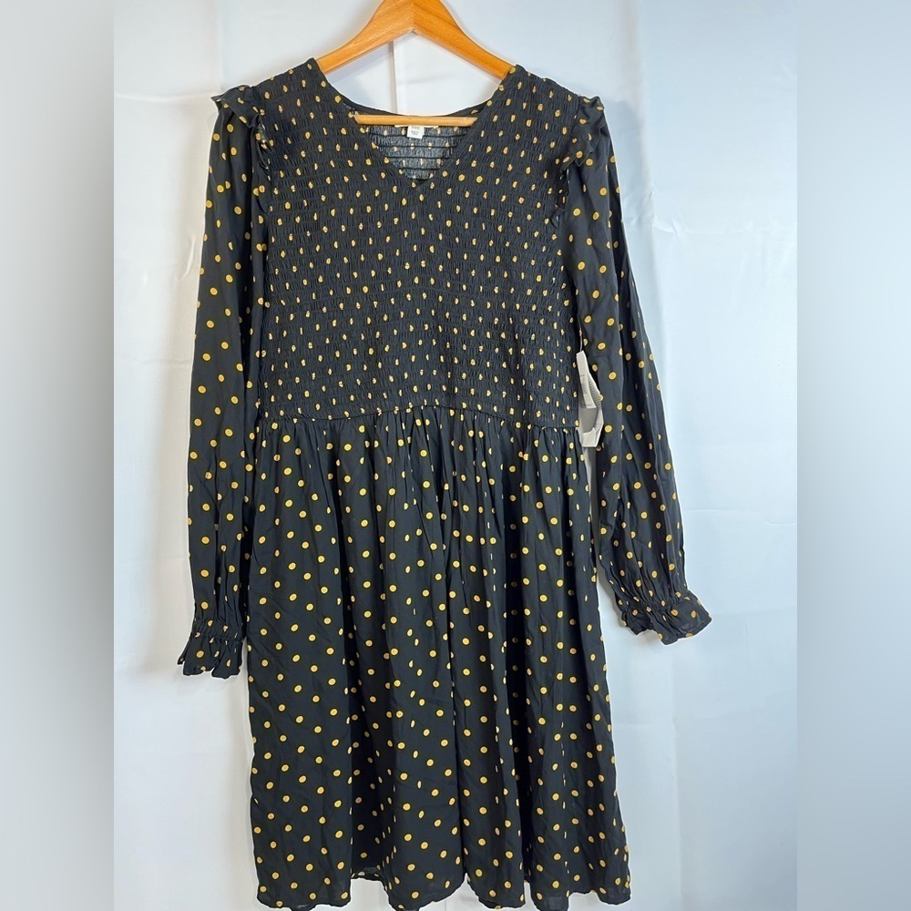 Beach Lunch Lounge Collection Womens Dress Black Gold Polka Dots Smocked Chest M